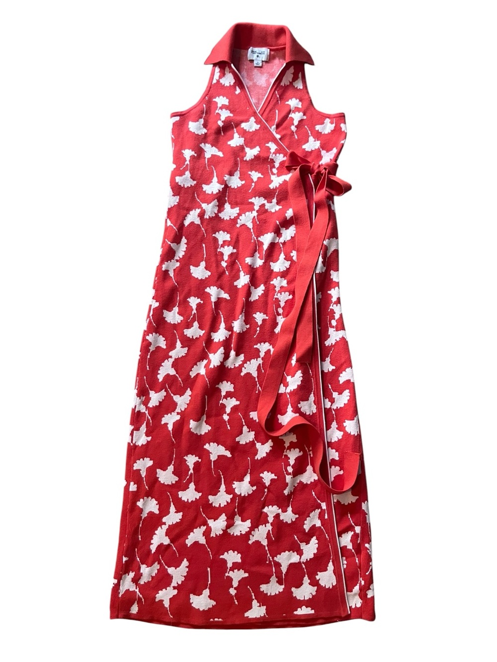 Diane Von Furstenberg Red Sleeveless Wrap Knit Dress with White Floral Print